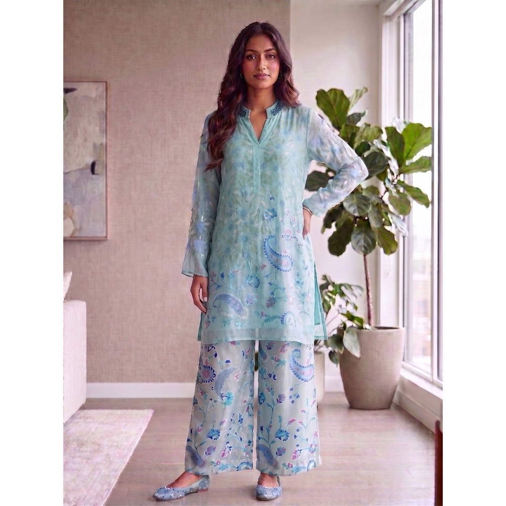 Indian Pakistani Aqua Embroidered Kurta Palazzo Dupatta 3 Piece Set Floral A18